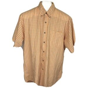 PLANKS Mens Short‎ Sleeve Button Front Orange Checkered Shirt Size Large